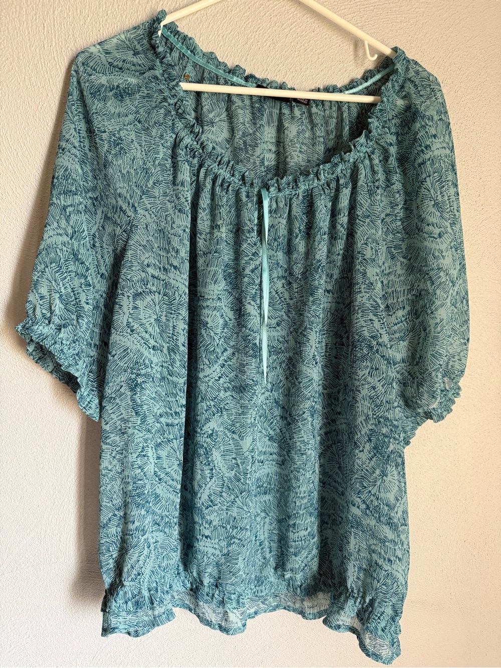 a.n.a Sheer Teal Floral Peasant Blouse